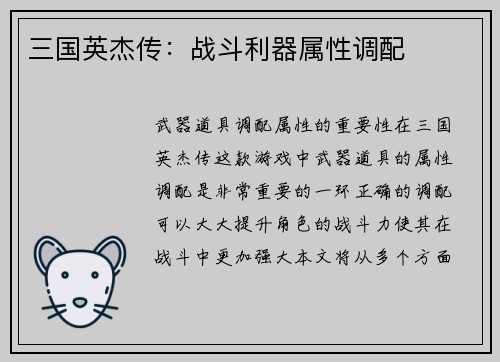 三国英杰传：战斗利器属性调配